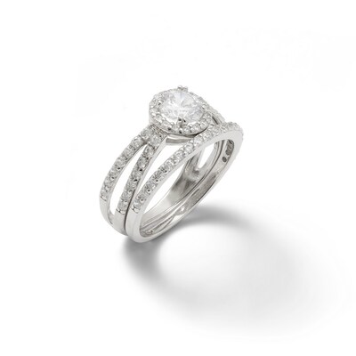 6mm Cubic Zirconia Framed Split Shank Bridal Set in Sterling Silver - Size 7