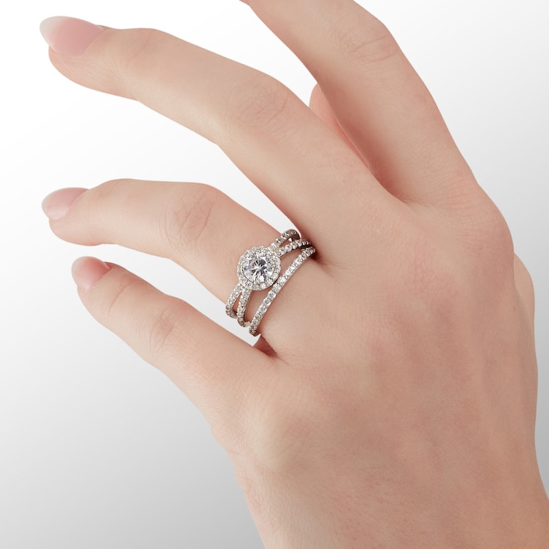 Main Image 3 of 6mm Cubic Zirconia Framed Split Shank Bridal Set in Sterling Silver - Size 7