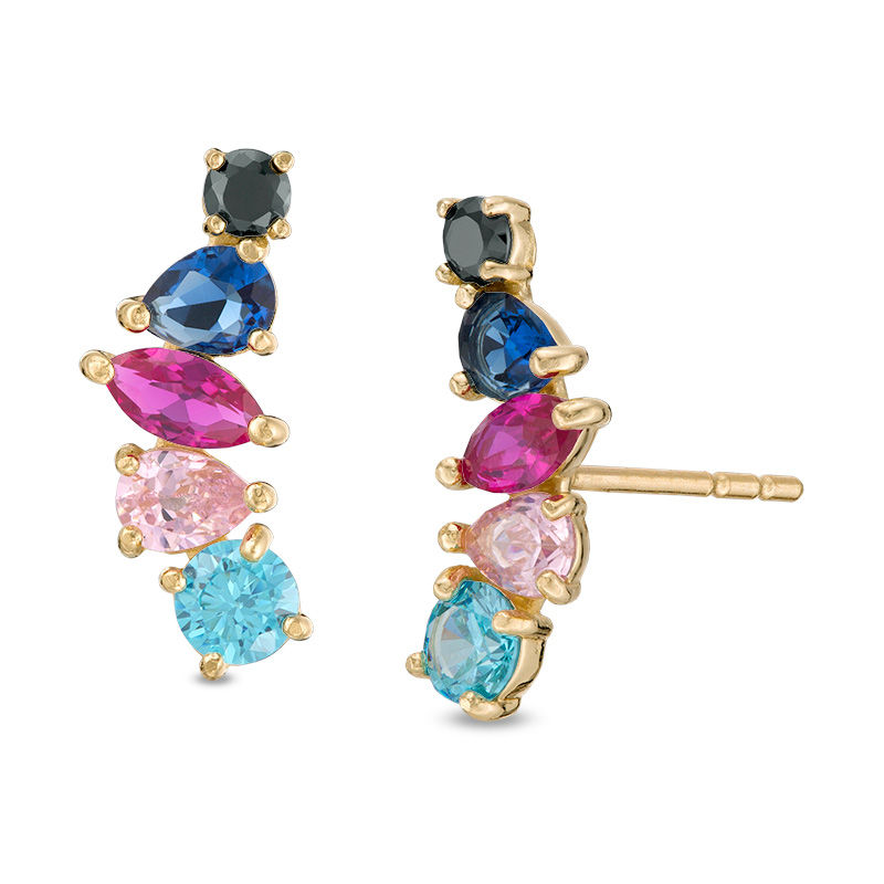 Multi-Shape and Multi-Color Cubic Zirconia Curve Crawler Earrings in 10K Gold