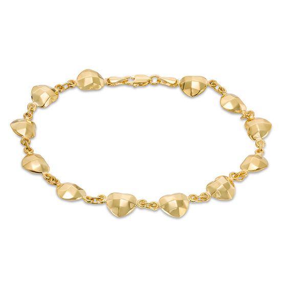 Faceted Puff Heart Station Bracelet in 10K Gold - 7.5"