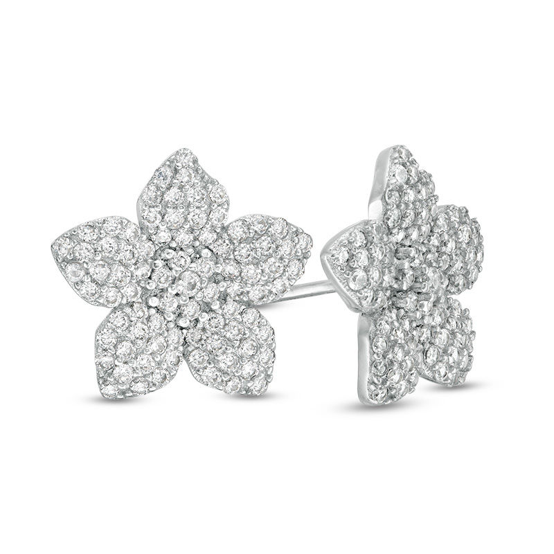 Main Image 1 of Cubic Zirconia Pavé Composite Flower Stud Earrings in Sterling Silver