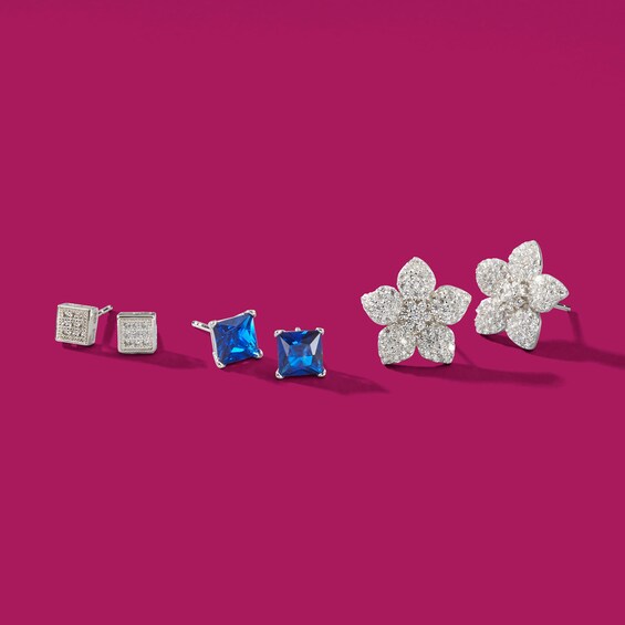 Cubic Zirconia Pavé Composite Flower Stud Earrings in Sterling Silver
