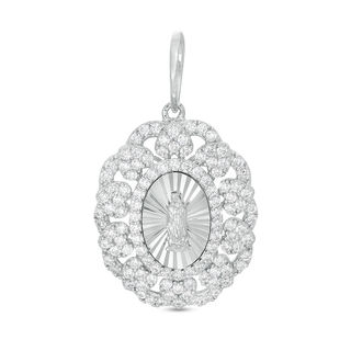 Cubic Zirconia Heart and Scalloped Frame Our Lady of Guadalupe Oval Necklace Charm in Sterling Silver