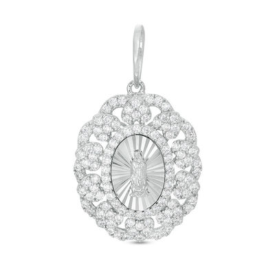Cubic Zirconia Heart and Scalloped Frame Our Lady of Guadalupe Oval Necklace Charm in Sterling Silver