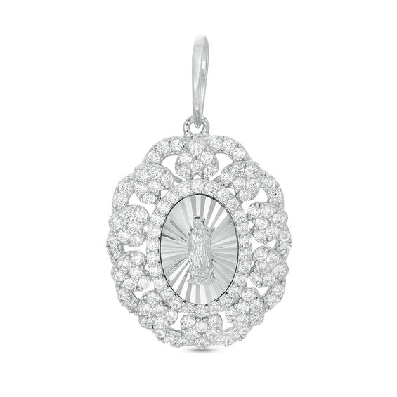 Cubic Zirconia Heart and Scalloped Frame Our Lady of Guadalupe Oval Necklace Charm in Sterling Silver
