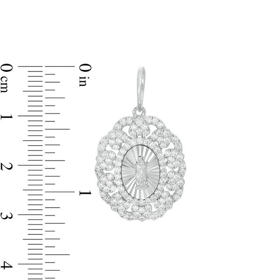 Cubic Zirconia Heart and Scalloped Frame Our Lady of Guadalupe Oval Necklace Charm in Sterling Silver
