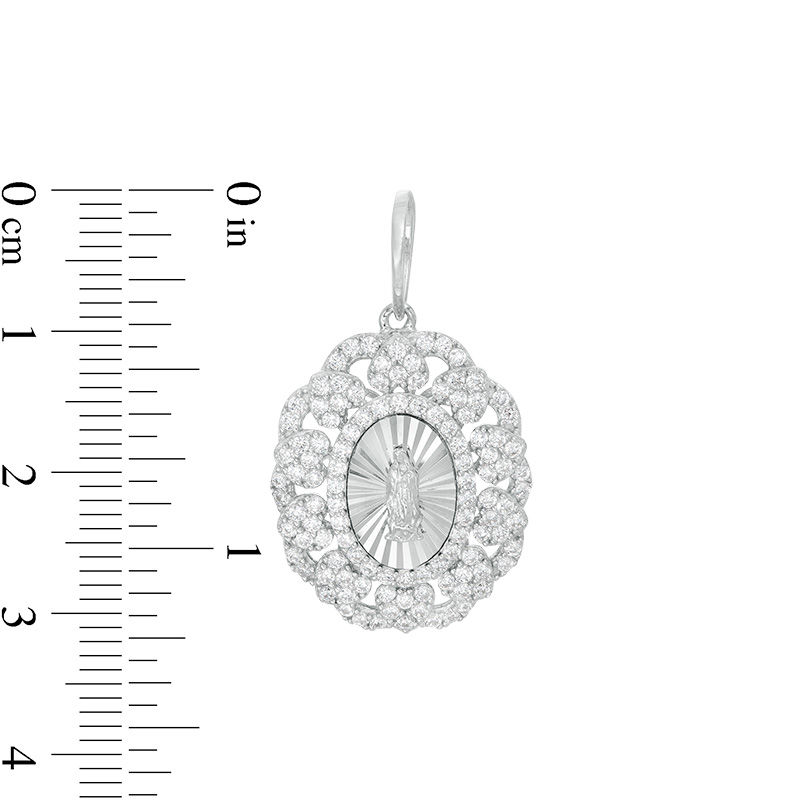 Cubic Zirconia Heart and Scalloped Frame Our Lady of Guadalupe Oval Necklace Charm in Sterling Silver