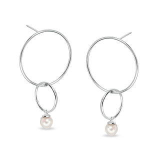 5mm Simulated Pearl Double Interlocking Open Circle Drop Earrings in Sterling Silver