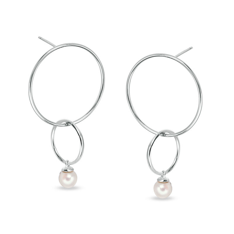 Main Image 1 of 5mm Simulated Pearl Double Interlocking Open Circle Drop Earrings in Sterling Silver