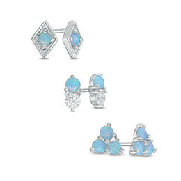 Lab-Created Blue Opal and Cubic Zirconia Stud Earrings Set in Sterling Silver