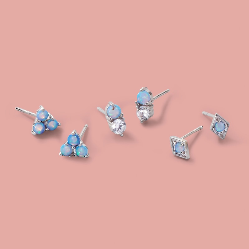 Main Image 2 of Lab-Created Blue Opal and Cubic Zirconia Stud Earrings Set in Sterling Silver