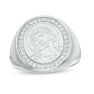 Cubic Zirconia Frame Jesus Head Signet Ring in Sterling Silver - Size 10