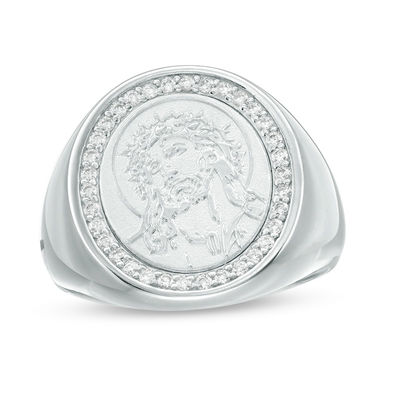 Cubic Zirconia Frame Jesus Head Signet Ring in Sterling Silver - Size 10