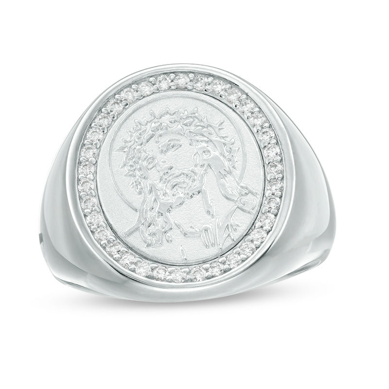 Main Image 1 of Cubic Zirconia Frame Jesus Head Signet Ring in Sterling Silver - Size 10
