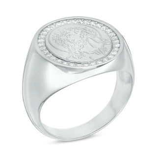 Cubic Zirconia Frame Jesus Head Signet Ring in Sterling Silver - Size 10