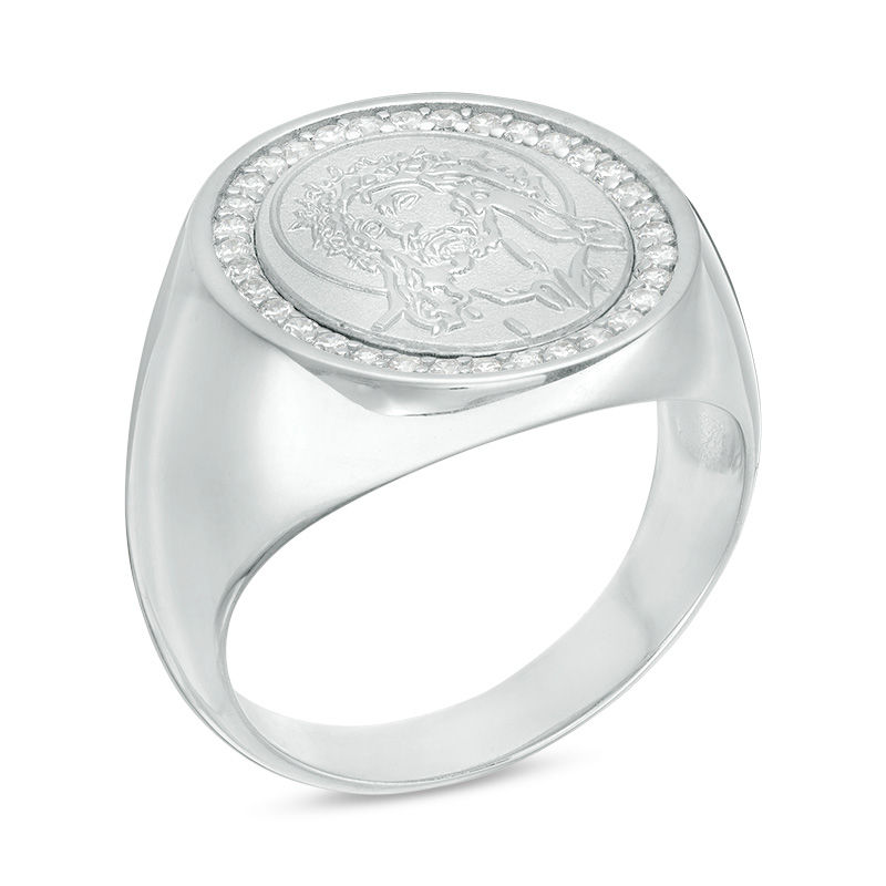 Main Image 2 of Cubic Zirconia Frame Jesus Head Signet Ring in Sterling Silver - Size 10