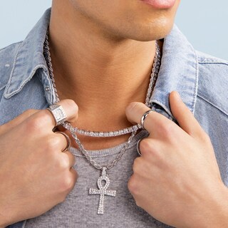 Cubic Zirconia Ankh Cross Necklace Charm in Solid Sterling Silver