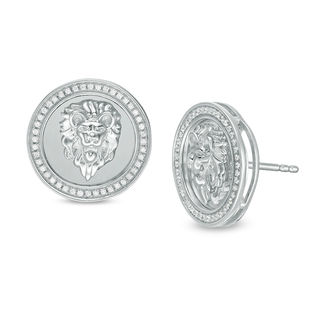 Cubic Zirconia Frame Lion Head Overlay Circle Stud Earrings in Sterling Silver