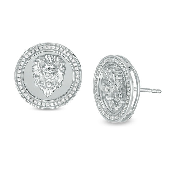 Cubic Zirconia Frame Lion Head Overlay Circle Stud Earrings in Sterling Silver