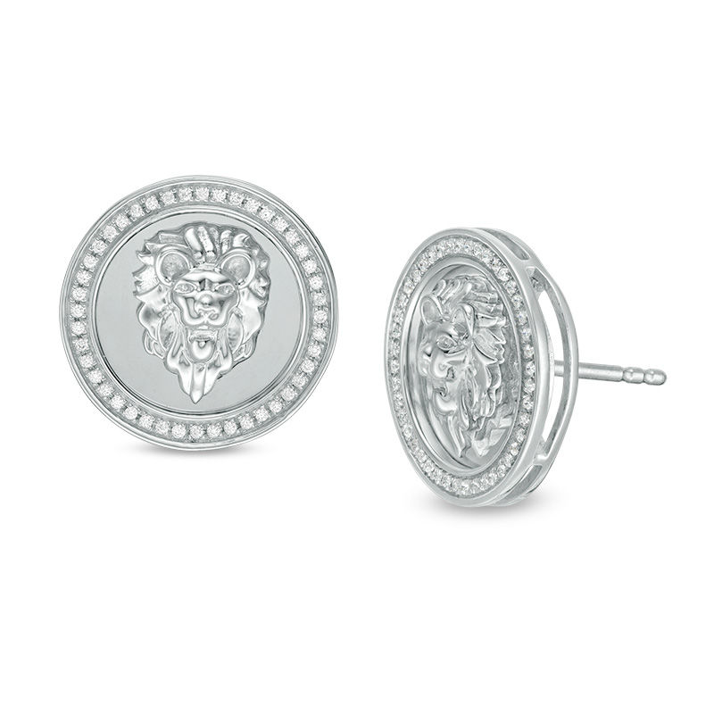 Main Image 1 of Cubic Zirconia Frame Lion Head Overlay Circle Stud Earrings in Sterling Silver