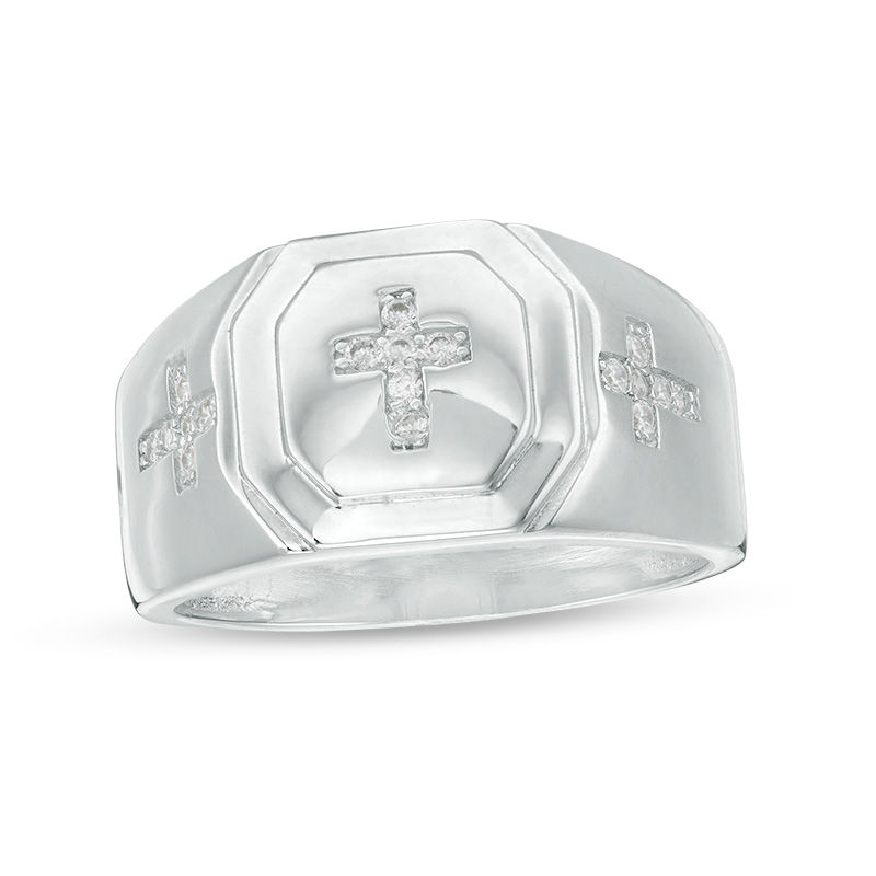 Main Image 1 of Sterling Silver CZ Triple Cross Octagonal Frame Ring - Size 10