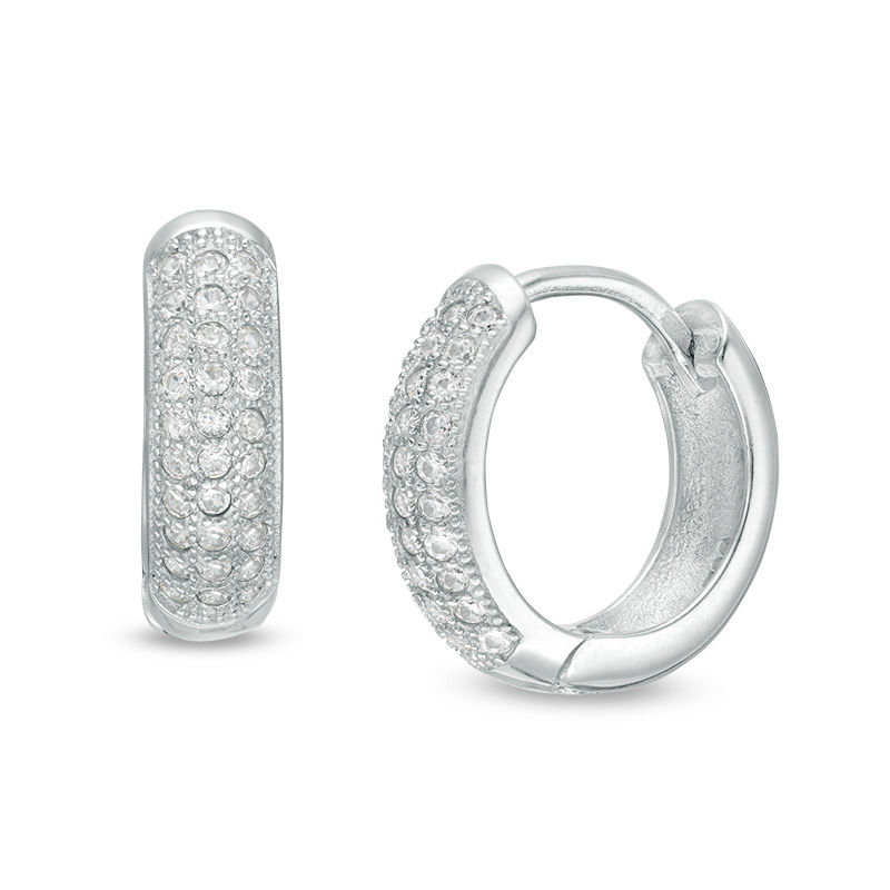 Cubic Zirconia Pavé Beaded Triple Row Dome Huggie Hoop Earrings in Sterling Silver