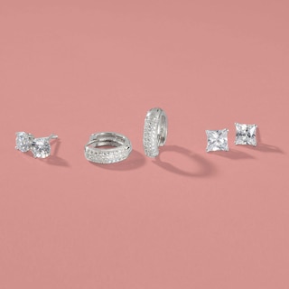 Cubic Zirconia Pavé Beaded Triple Row Dome Huggie Hoop Earrings in Sterling Silver