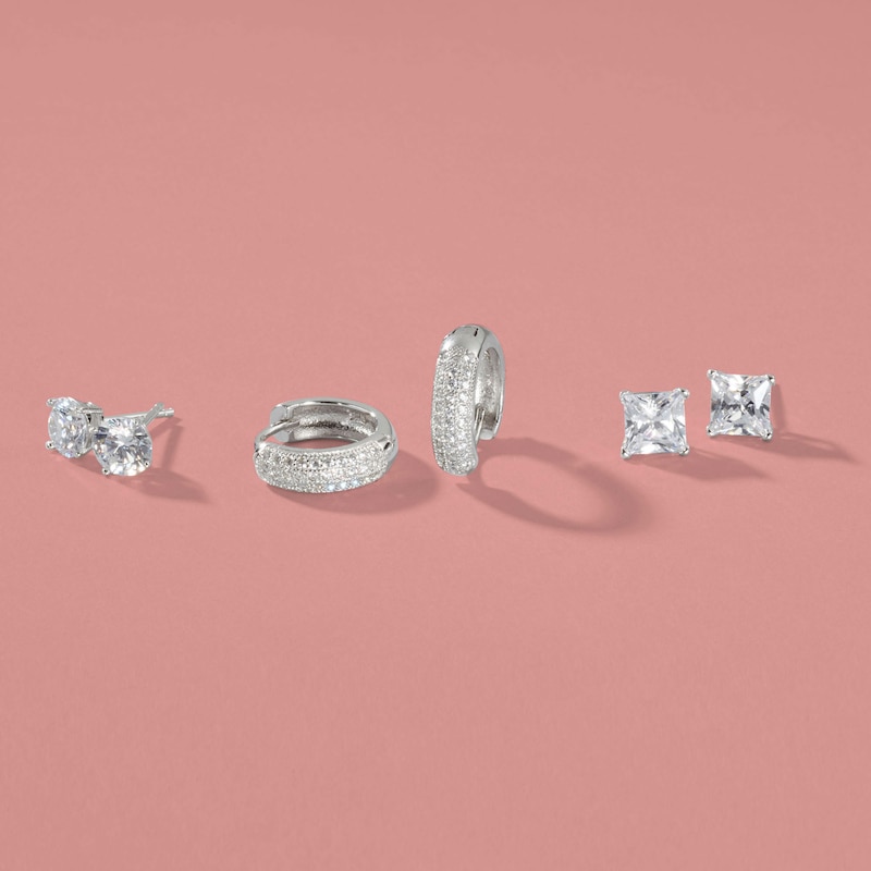 Main Image 2 of Cubic Zirconia Pavé Beaded Triple Row Dome Huggie Hoop Earrings in Sterling Silver