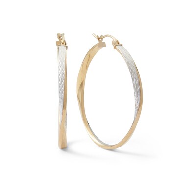 10K Hollow Gold Multi-Finish Twist Two-Tone Hoops