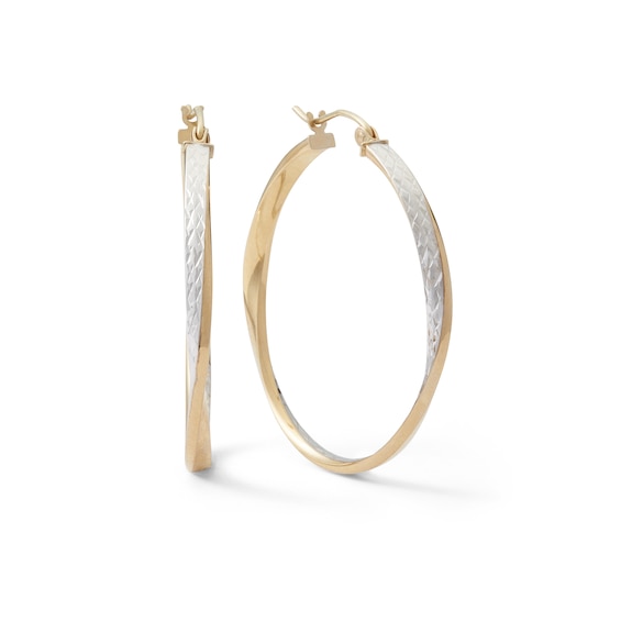 Multi-Finish Twist Hoop Earrings in 10K Tube Hollow Two-Tone Gold