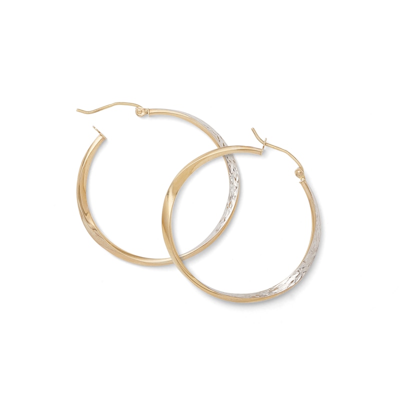 Main Image 2 of 10K Hollow Gold Multi-Finish Twist Two-Tone Hoops