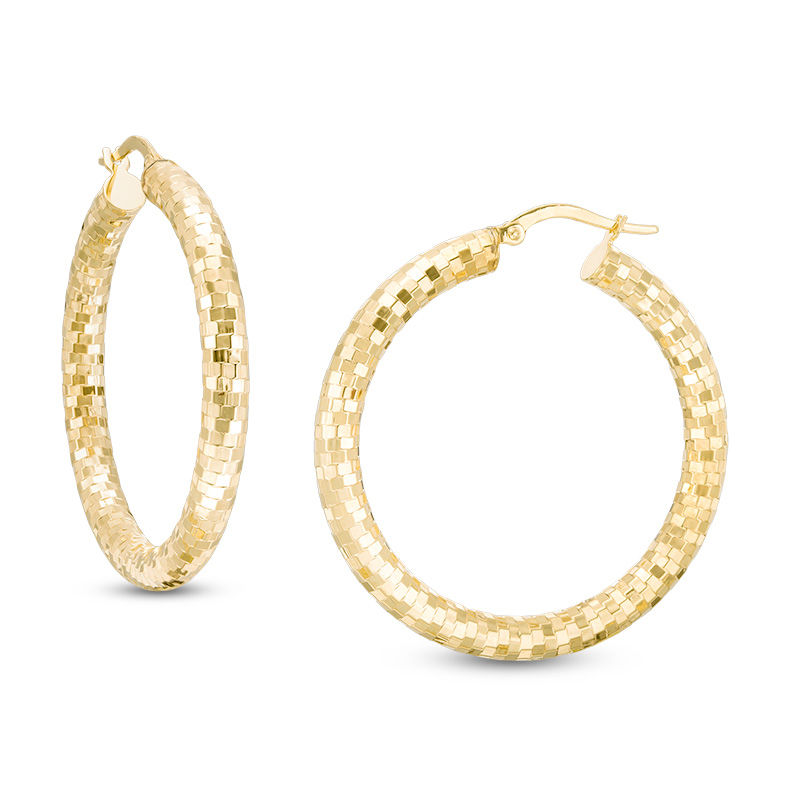 Main Image 1 of 4 x 30mm Diamond-Cut Disco Tube Hoop Earrings in 10K Gold