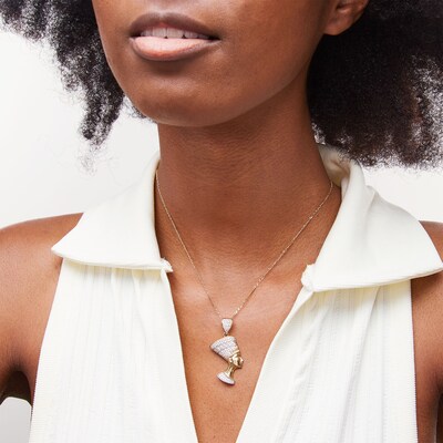 Cubic Zirconia Pavé Queen Nefertiti Head Necklace Charm in 10K Solid Two-Tone Gold