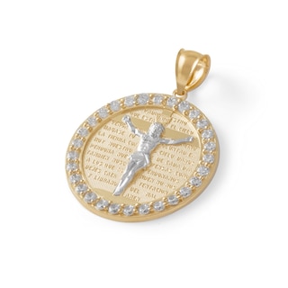 Cubic Zirconia Frame "Padre Nuestro" Prayer Medallion Necklace Charm in 10K Solid Two-Tone Gold
