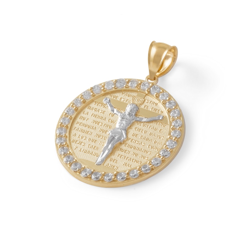 Cubic Zirconia Frame "Padre Nuestro" Prayer Medallion Necklace Charm in 10K Solid Two-Tone Gold