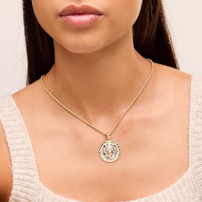 Multi-Finish Lions Head Medallion Necklace Charm in 10K Solid Two-Tone Gold