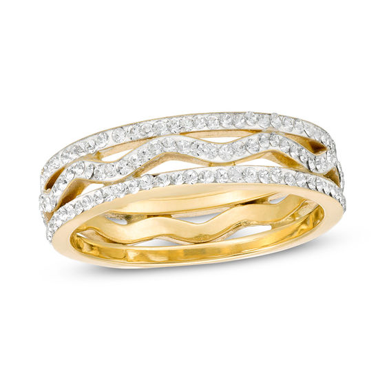 Cubic Zirconia Triple Row Wave Ring in 10K Gold - Size 7