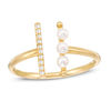 Thumbnail Image 0 of 3mm Cultured Freshwater Pearl and Cubic Zirconia Double Bar Open Wrap Ring in 10K Gold - Size 7