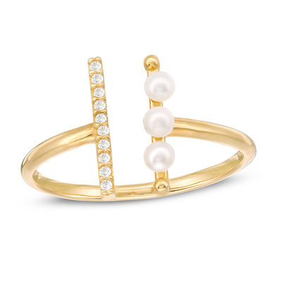 3mm Freshwater Cultured Pearl and Cubic Zirconia Double Bar Open Wrap Ring in 10K Gold - Size 7