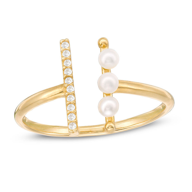 3mm Cultured Freshwater Pearl and Cubic Zirconia Double Bar Open Wrap Ring in 10K Gold - Size 7