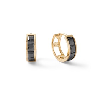 14K Solid Gold Square Black CZ Channel  Four Stone Huggie Hoops