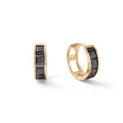 14K Solid Gold Square Black CZ Channel  Four Stone Huggie Hoops