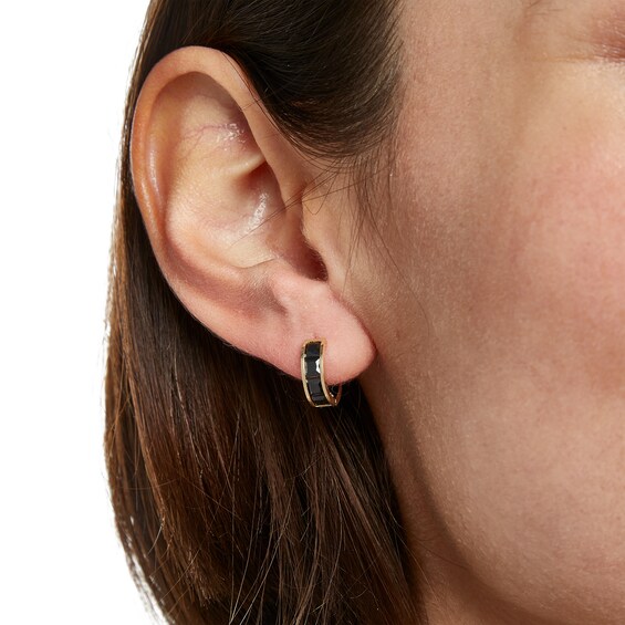 14K Solid Gold Square Black CZ Channel  Four Stone Huggie Hoops