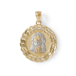 Multi-Finish Jesus Head Curb Chain Frame Medallion Necklace Charm in 10K Solid Two-Tone Gold