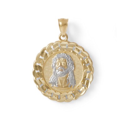 Multi-Finish Jesus Head Curb Chain Frame Medallion Necklace Charm in 10K Solid Two-Tone Gold