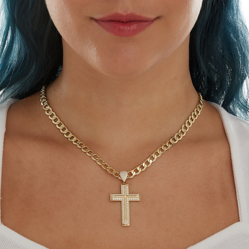 Main Image 3 of Cubic Zirconia Layered Double Cross Necklace Charm in 10K Solid Gold