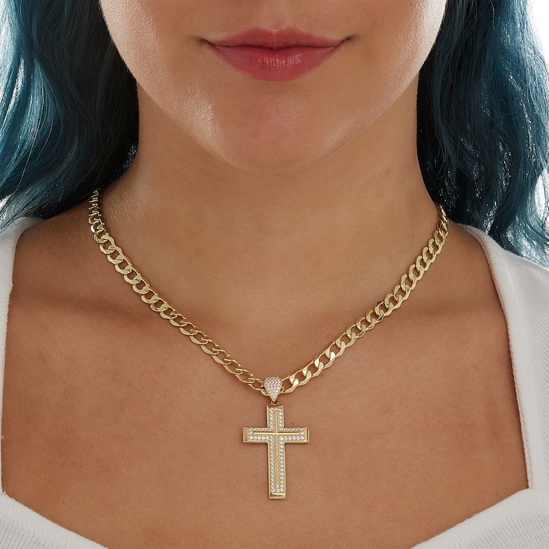 Cubic Zirconia Layered Double Cross Necklace Charm in 10K Solid Gold