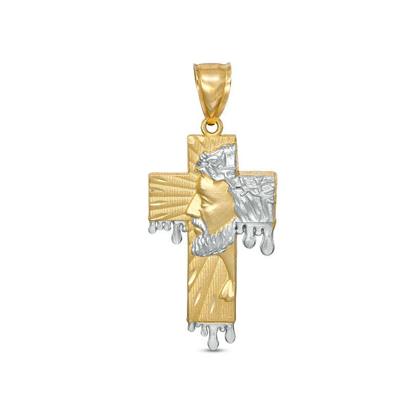 Main Image 1 of Multi-Finish Jesus Head Profile on Dripping Cross Necklace Charm in 10K Two-Tone Gold