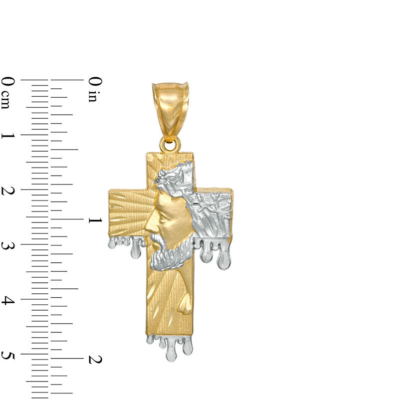 Main Image 2 of Multi-Finish Jesus Head Profile on Dripping Cross Necklace Charm in 10K Two-Tone Gold