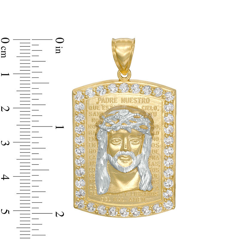 Main Image 2 of Cubic Zirconia Frame Jesus Head on "Padre Nuestro" Prayer Dog Tag Necklace Charm in 10K Two-Tone Gold